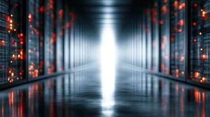 Fototapeta premium Futuristic data center with glowing server racks stretching into bright white light