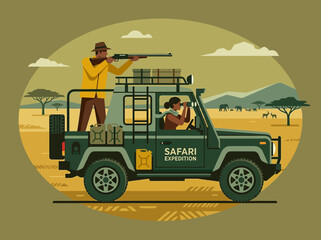 Fototapeta premium Safari Expedition Illustration with Off-Road Vehicle and Wildlife in African Savanna Flat Design Style