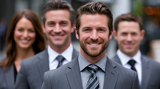 Eine Gruppe l&auml;chelnder Gesch&auml;ftsleute in dunklen Anz&uuml;gen posiert gemeinsam f&uuml;r ein professionelles Teamfoto.