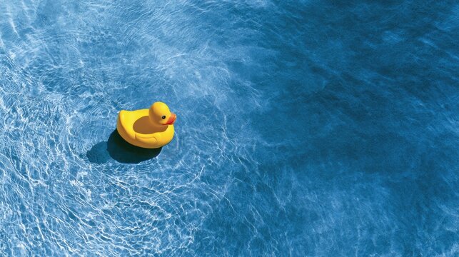 A lone yellow bath toy floats serenely on the shimmering surface of clear blue water