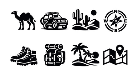 Obraz premium Collection of travel and adventure icons for desert and tropical destinations