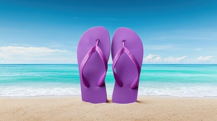 Fototapeta premium Purple flip flops on sandy beach with turquoise sea, symbolizing summer vacation, travel, relaxation and seaside holiday concept