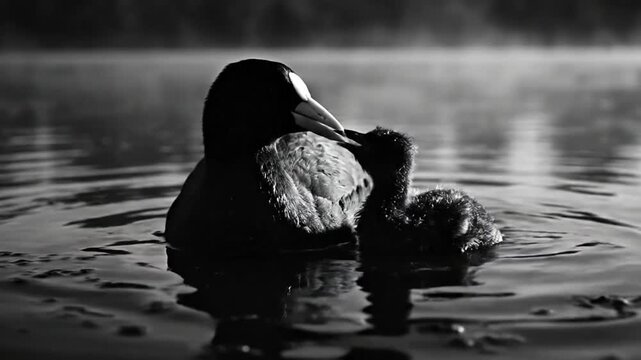 Black and white close up of a coot with its adorable chick swimming in a calm lake during the morning