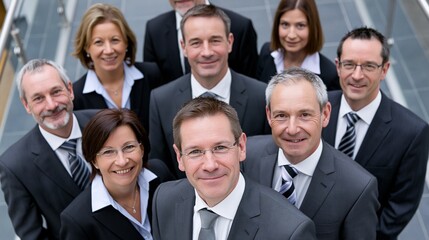 Plakat Eine Gruppe von neun Berufstätigen in formeller Kleidung posiert auf einer Treppe für ein professionelles Teamfoto.