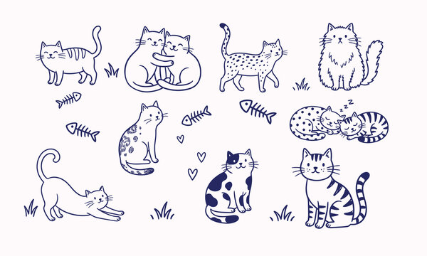 Various Cute Hand-Drawn Doodle Cats Poses and Styles with Fish Bones and Hearts pattern vector