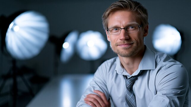 Ein selbstbewusster Mann mit Brille und verschr&auml;nkten Armen steht in einem professionellen Fotostudio.