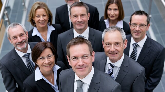 Eine Gruppe von neun Berufst&auml;tigen in formeller Kleidung posiert auf einer Treppe f&uuml;r ein professionelles Teamfoto.