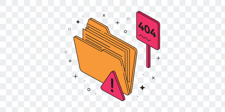 Isometric 404 Error Page Not Found. Missing Folder with Warning Sign. Digital Problem Vector