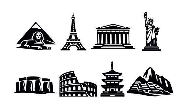Collection of famous world landmarks and monuments in a graphic icon style