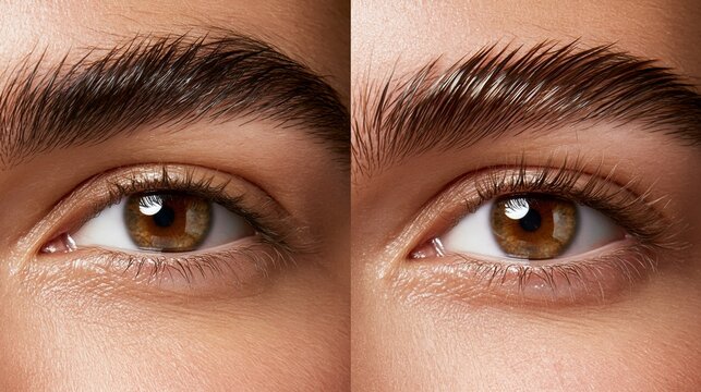 Ein Vorher-Nachher-Vergleich zeigt ein Auge mit gepflegten, volleren Augenbrauen nach einer kosmetischen Behandlung.