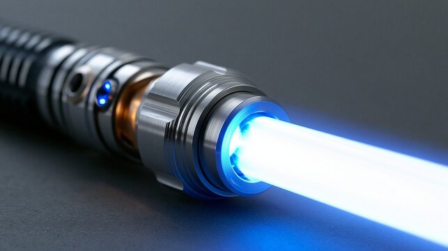 Ein gl&auml;nzendes blaues Lichtschwert mit detailliertem Metallgriff leuchtet vor dunklem Hintergrund.