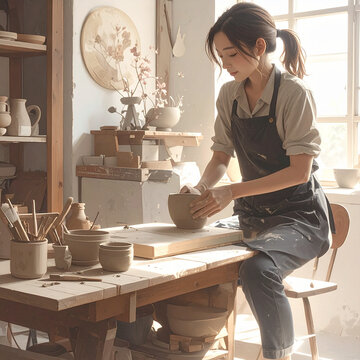 Creative woman making handmade pottery