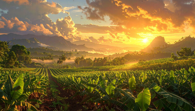 Golden sunrise over banana plantation