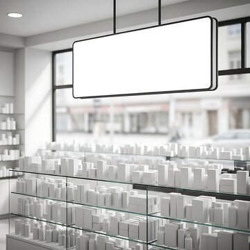 Blank White Hanging Sign Displayed Above Glass Shelves in Bright Modern Retail Store