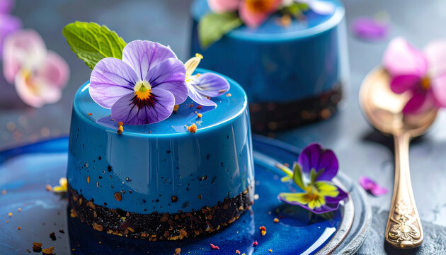 Elegant blueberry mousse cake dessert.