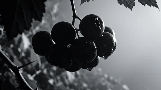 Black and white close up of a cluster of berries dripping with water hanging from a thorny branch