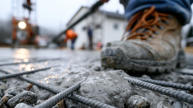Nahaufnahme eines Arbeitsschutzschuhs auf einem Betonboden mit Bewehrungsst&auml;ben auf einer Baustelle, im Hintergrund Bauarbeiter.