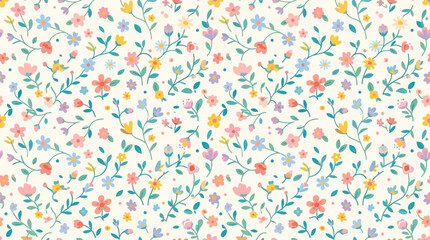 Obraz premium Flat vector floral pattern background, simple flowers and leaves, seamless repeat design, colorful minimal aesthetic, clean pastel background