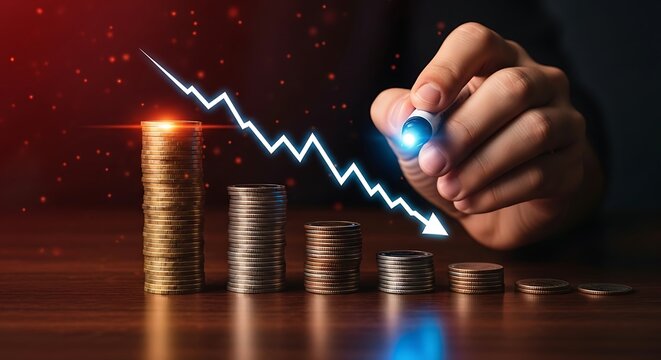 Businessman drawing a downward arrow graph over stacks of coins representing financial crisis and market decline