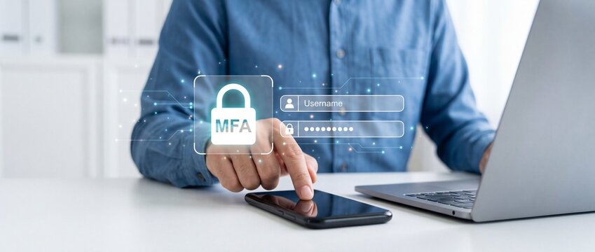Person enabling multi factor authentication on smartphone with laptop nearby in office