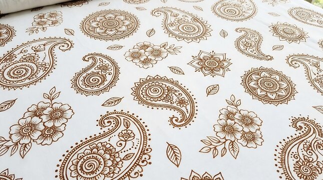 Hand drawn paisley and floral henna pattern on white fabric