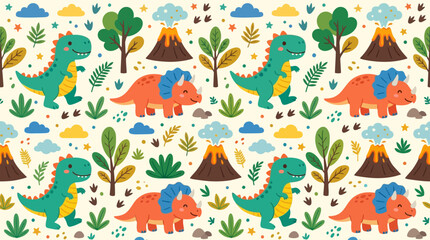 Flat vector dinosaur seamless pattern, cute T-Rex, triceratops and volcano elements, colorful modern kids style © Maftuh