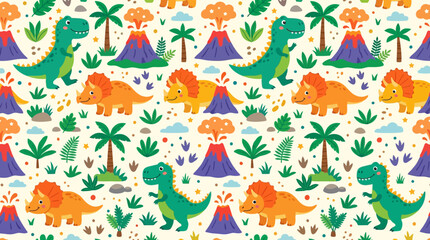 Flat vector dinosaur seamless pattern, cute T-Rex, triceratops and volcano elements, colorful modern kids style © Maftuh