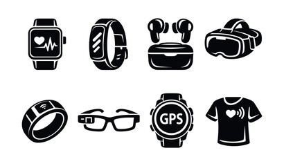 Collection of modern wearable technology icons including smartwatches and VR headsets © UnIcons