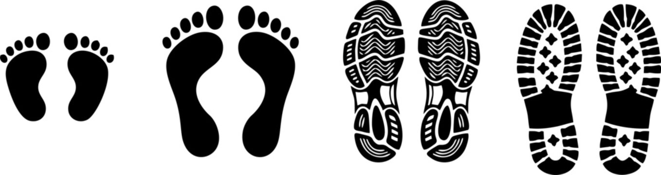 Footprint Collection Set &mdash; Baby Feet, Barefoot Adult, Running Shoe and Boot Sole Print Silhouette Vector Icons