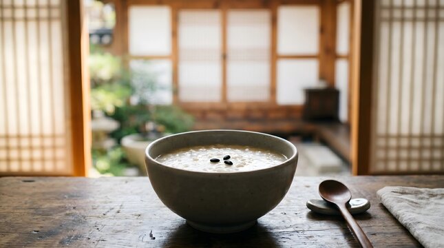 Korean Traditional Rice Porridge Juk in Ceramic Bowl with Black Sesame on Rustic Table, Hanok Garden Background