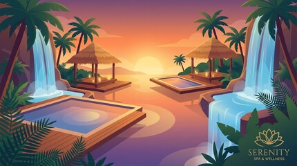 Obraz premium Tropical island resort with overwater bungalows at sunset, serene beach and palm trees in vibrant illustration