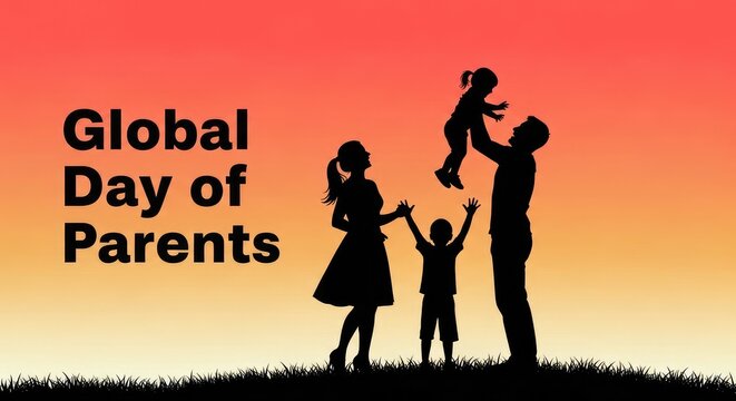 Global day of parents dynamic sunset landscape card with a happy family jumping together silhouette layout