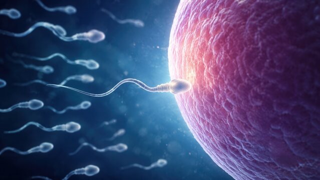  Human sperm cells swimming toward egg cell during fertilization process in microscopic closeup view