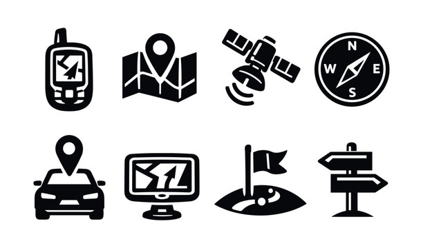 Collection of navigation and location icons for travel and technology applications