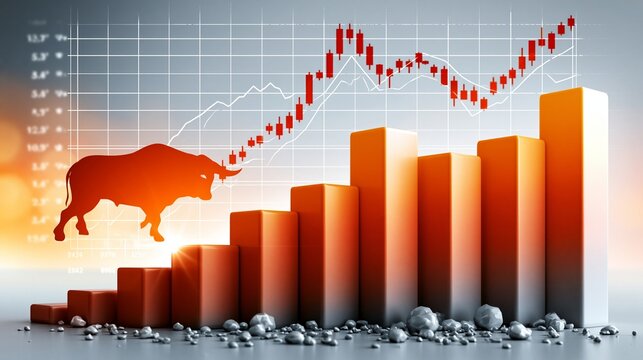 Ein orangefarbenes Bullen-Symbol steht neben aufsteigenden Balken und einer steigenden Kurslinie auf einem Finanzdiagramm.