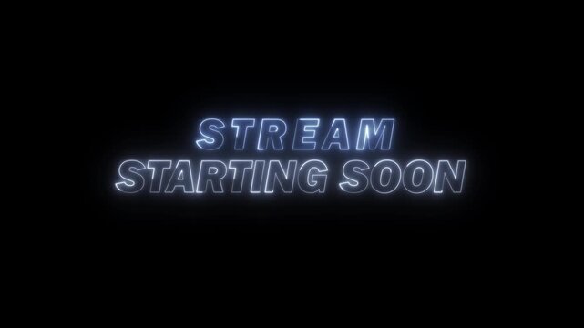 Stream starting soon neon text dark blue and grey with loop animation suitable for video live streaming, intro live stream social media overlay on transparent background or black background, 4k video