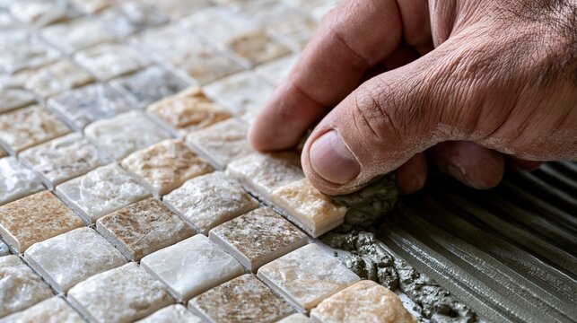 Eine Hand legt einzelne Mosaikfliesen sorgf&auml;ltig auf einen mit Kleber bestrichenen Untergrund.