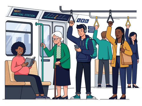 Diverse People Commuting on Subway Train Vector Illustration. Group of Multiethnic Passengers Standing and Sitting in Public Transportation Metro Interior.