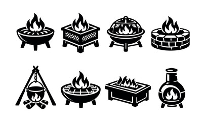 Collection of diverse outdoor fire pit and grill icons with flames © UnIcons