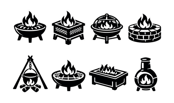 Collection of diverse outdoor fire pit and grill icons with flames