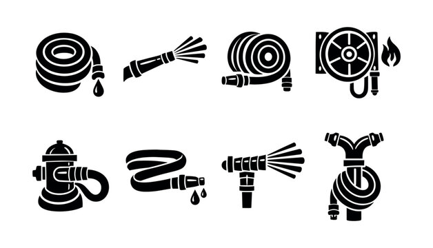 Vector icons of various fire hose equipment for safety and firefighting