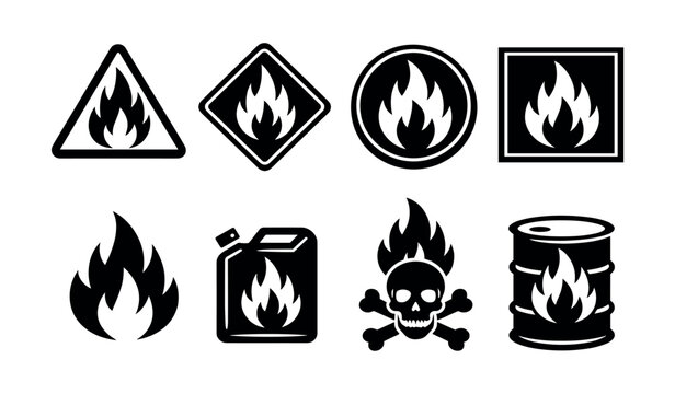Collection of hazard symbols including fire, skull and crossbones, and flammable liquid icons