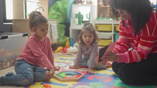 Teacher kneeling with flashcard and two girls on colorful foam mat, one girl finger to mouth studying a wooden rainbow puzzle near toy shelves in a building; calm curiosity.