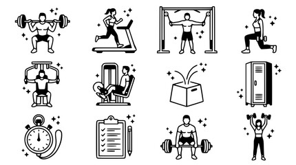 Fototapeta premium Black and white illustrations of people working out in a gym