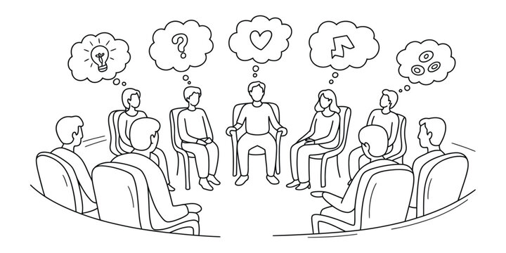 Group of People Sitting in Circle with thought bubbles in continuous line art style, vector illustration for therapy, workshop and teamwork concepts.