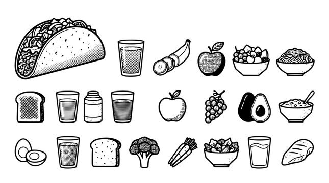 Various food and drink items illustrated in a vector graphic style