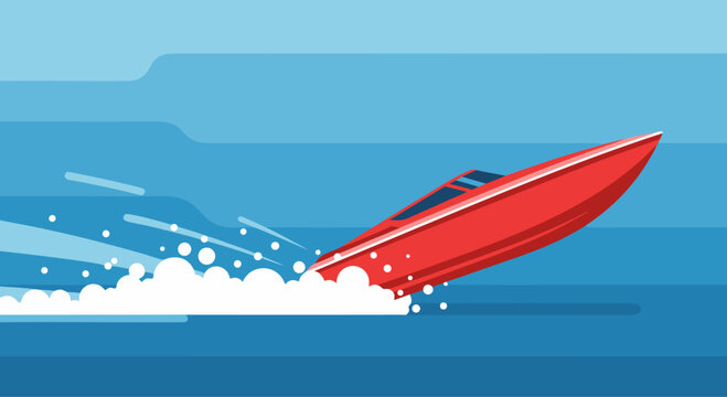 Red speedboat skimming across blue ocean water surface
