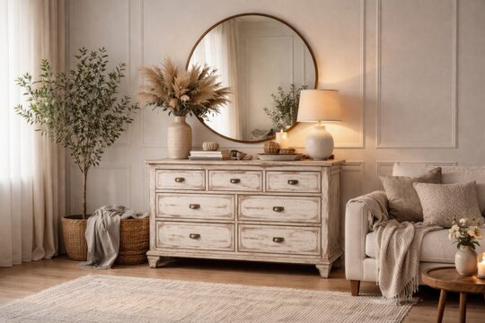 Stylish modern room with shabby chic commode and usable copyspace