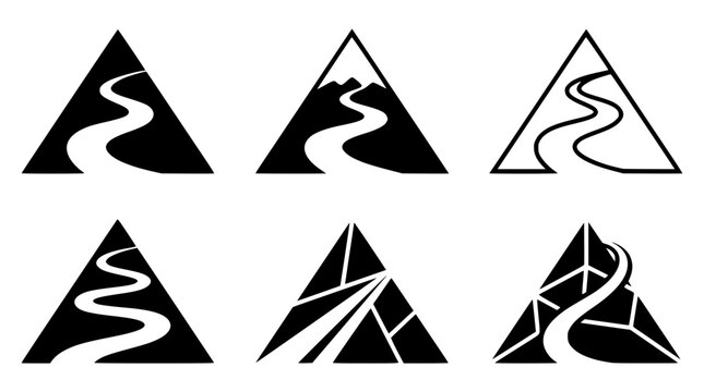 Various triangle logos with winding river designs inside