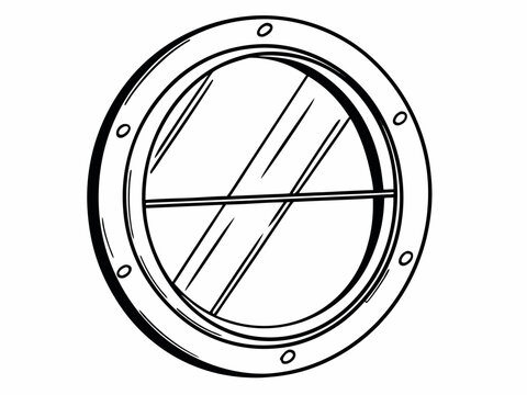 Round ship porthole window illustration in black outline